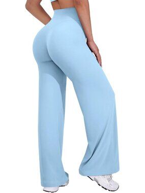 Women's Airy Blue High Waist Stretch Casual Straight Bottoms Wide Leggings